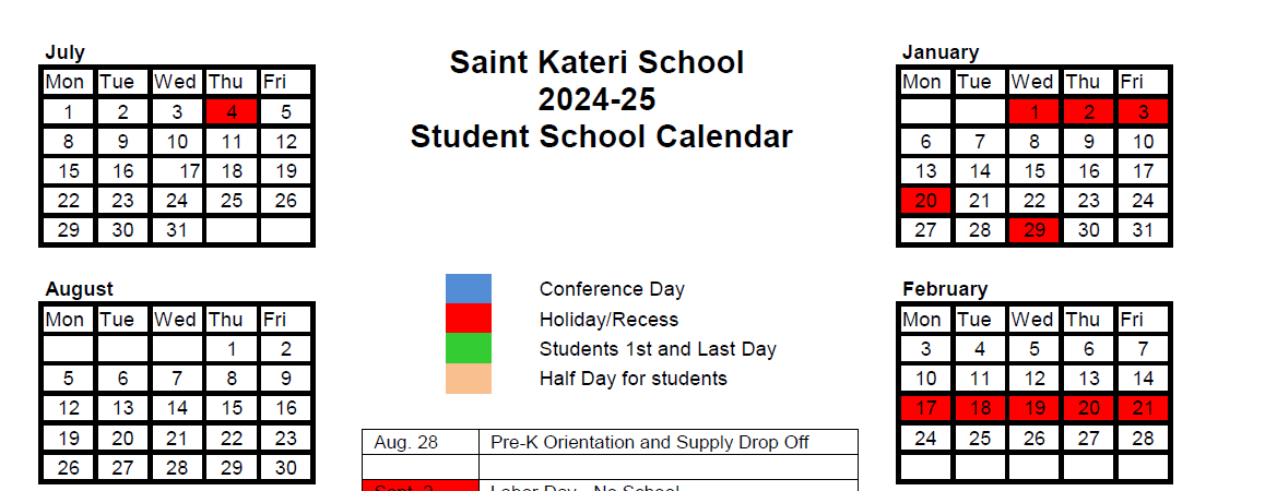 Saint Kateri School Calendar